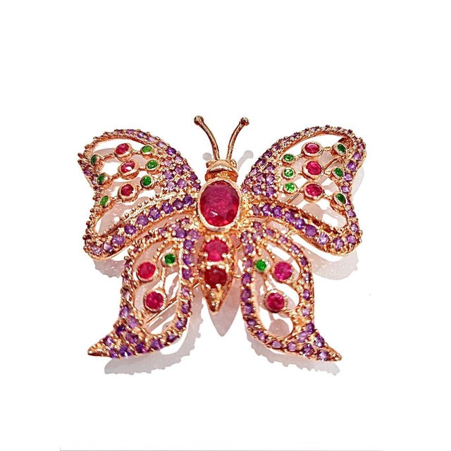 Bochic "Orient" Vintage Ruby & Emerald Brooch  18K Gold over Silver For Sale - Image 4 of 6