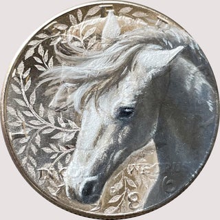 Assurance by Bryanna Marie | Oil on Etched Coin of a horse's head with foliage For Sale