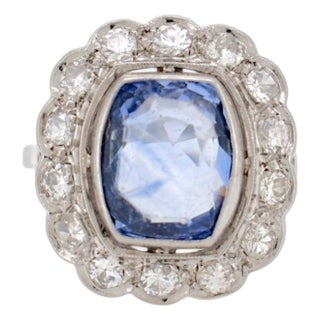 Art Deco Platinum Pompadour Ring - 4ct Unheated Ceylon Sapphire & Diamonds, Size 7.25 For Sale