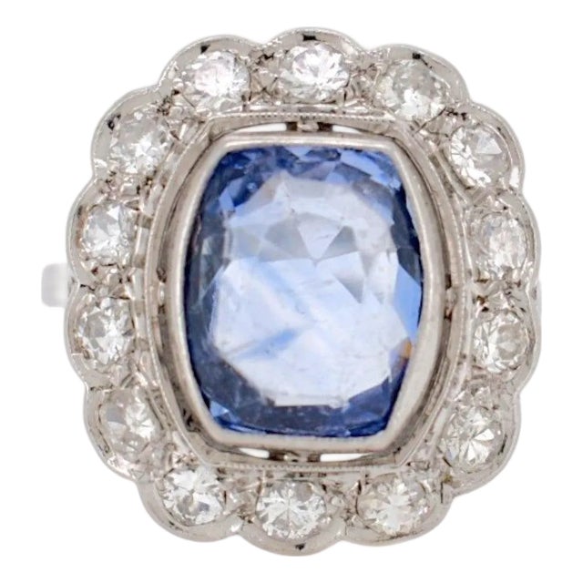 Art Deco Platinum Pompadour Ring - 4ct Unheated Ceylon Sapphire & Diamonds, Size 7.25 For Sale