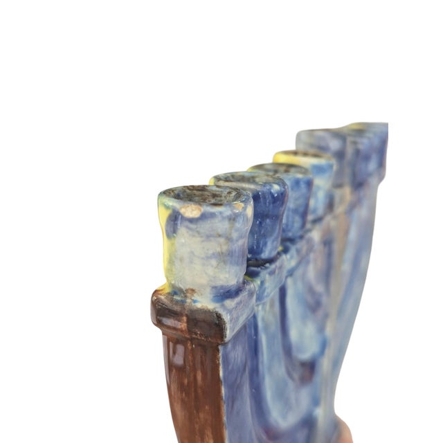 Blue Vintage Hand Painted Ceramic Studio Pottery Menorah For Sale - Image 8 of 16