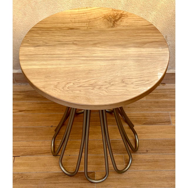 New Metal Fleur Side Table with Oak Wood Top Indoor and Outdoor For Sale - Image 10 of 18