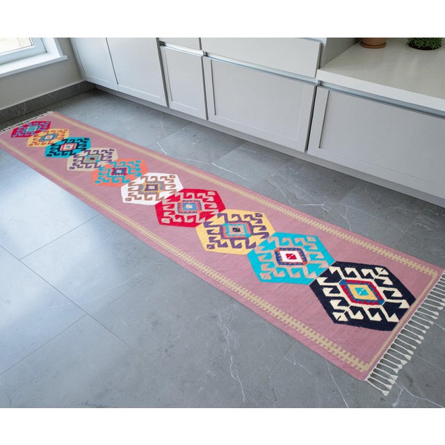 Tribal Hand Woven Silk Runner Rug . Full Tribal Design Hallway Colorful Runner Rug New - 2′7″ X 14′3″ For Sale - Image 3 of 15