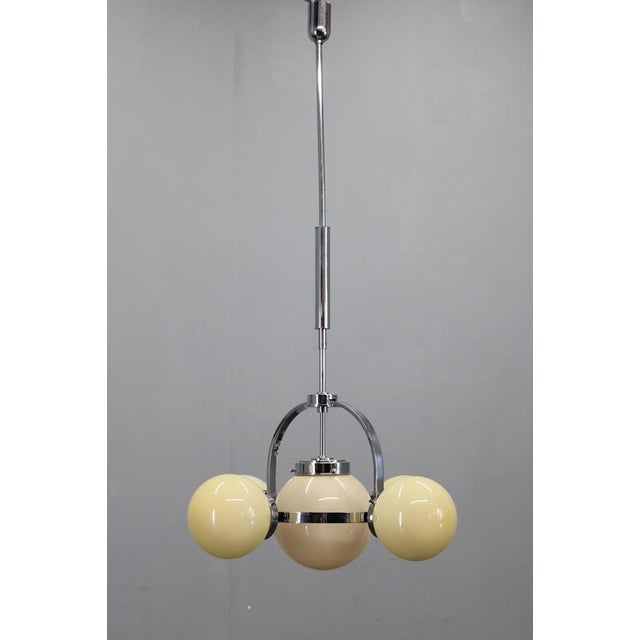 Vintage Art Deco Chrome Pendant Light with Champagne Opaline Glass Shades, 1930s For Sale - Image 3 of 16