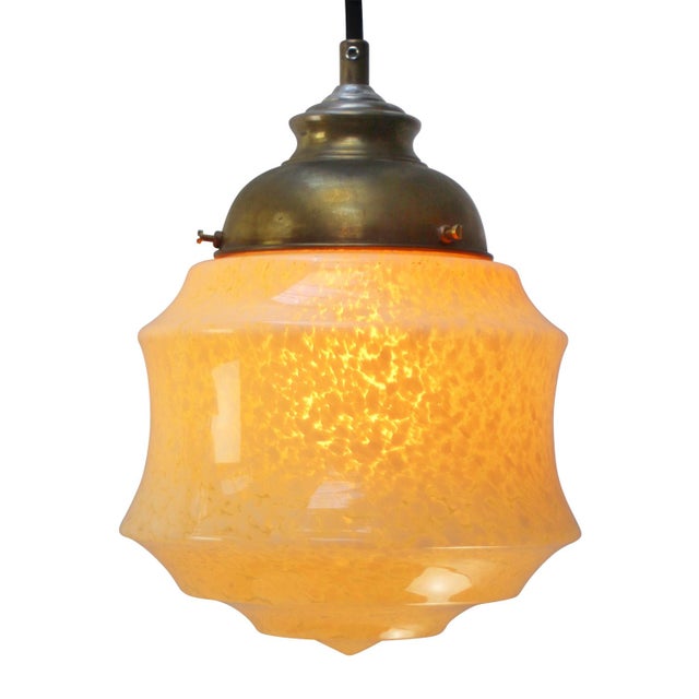 French Art Deco Yellow Reeded Clichy Glass Pendant Lamp For Sale - Image 3 of 6