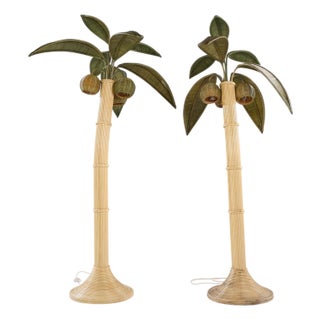 Mario Torres Lopez Style Mid Century Sculptural Rattan Palm Tree Lamps - Pair For Sale
