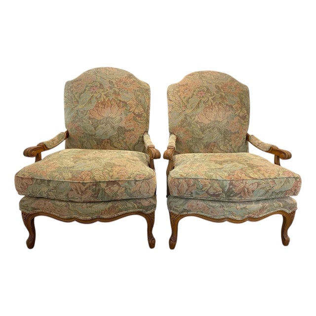 Century Furniture French Style Bergère Armchairs in Floral Upholstery, a Pair For Sale
