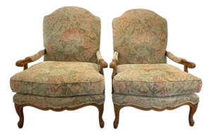 Century Furniture French Style Bergère Armchairs in Floral Upholstery, a Pair
