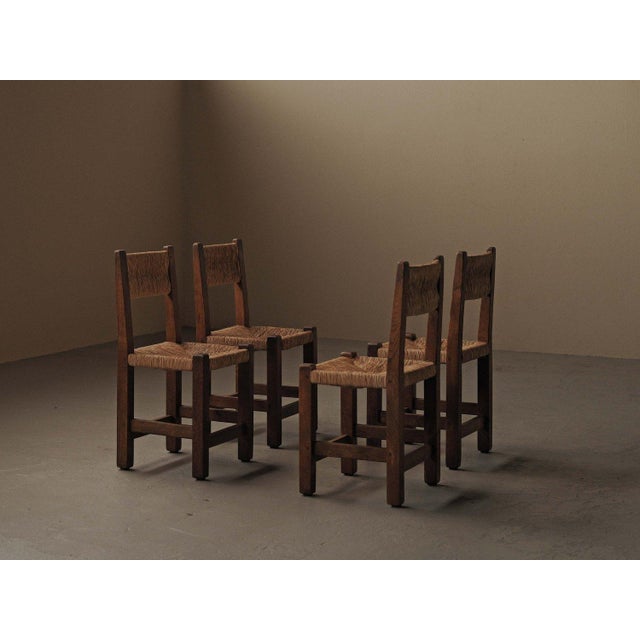Mid-Century Modern Vintage Oak and Straw Chairs, France, 1960, Set of 4 For Sale - Image 3 of 16