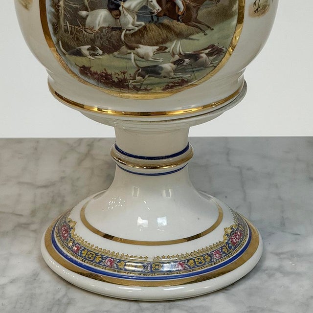 Pair Antique Belgian Pêtre À Baudour Neoclassical Porcelain Hunt Scene Urns For Sale - Image 9 of 18
