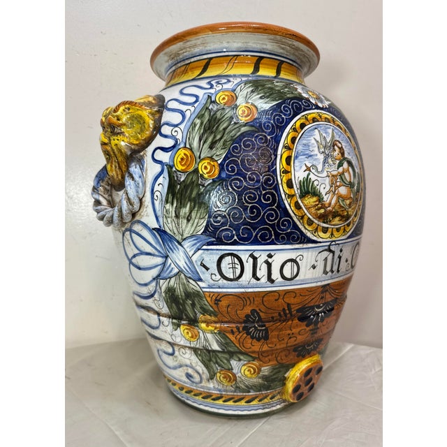 Italian Monumental Antique Hand Painted Italian Majolica Terracotta Pottery Olive Vase For Sale - Image 3 of 15