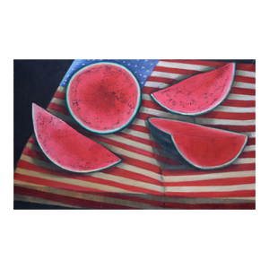 Vintage Patriotic Modernist Summer Still Life Painting With Watermelons and American Flag