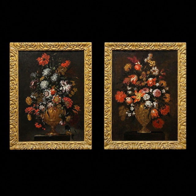 Pair of still lifes painted in oil on canvas with valuable execution qualities, depicting gilded bronze vases with...