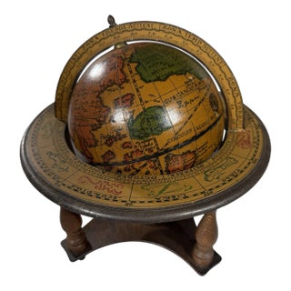 Vintage MCM Italian Old World Zodiac Globe Wood Stand Desk Decor For Sale