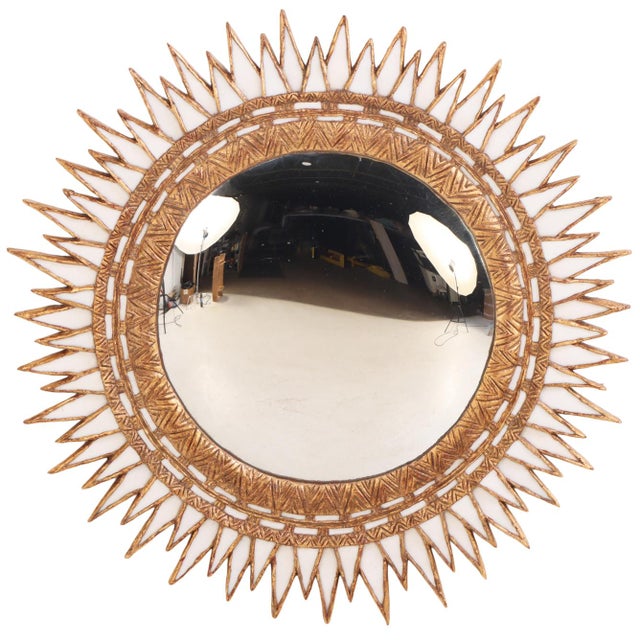 With a nod to the Art Nouveau style, this round frame is adorned with an ivory glass sunburst-style motif. This example is...
