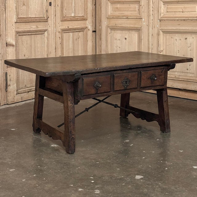 Rare 17th Century Rustic Spanish Walnut Coffee Table With Wrought Iron For Sale - Image 4 of 18
