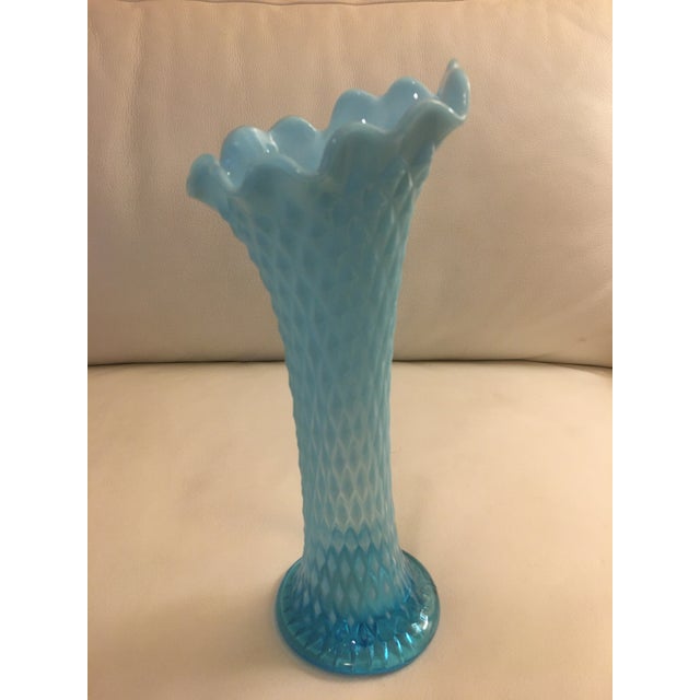 Hollywood Regency Mid 20th Century Northwood Opalescent Ice Blue Diamond Point Swung Vase Marked For Sale - Image 3 of 7
