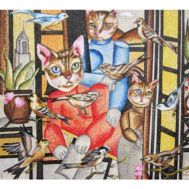 Family Unit presents an imaginative scene where anthropomorphic cats, dressed in colorful attire, sit amidst a flurry of...