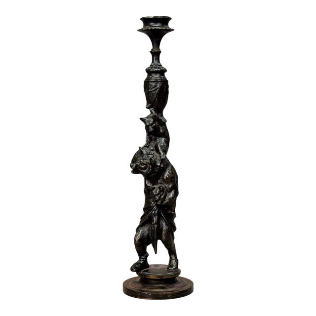 1860s Victorian Casted Iron Candle Stick With Bears For Sale
