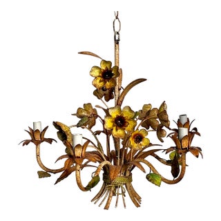 Vintage Boho Patinated Tole Chandelier For Sale