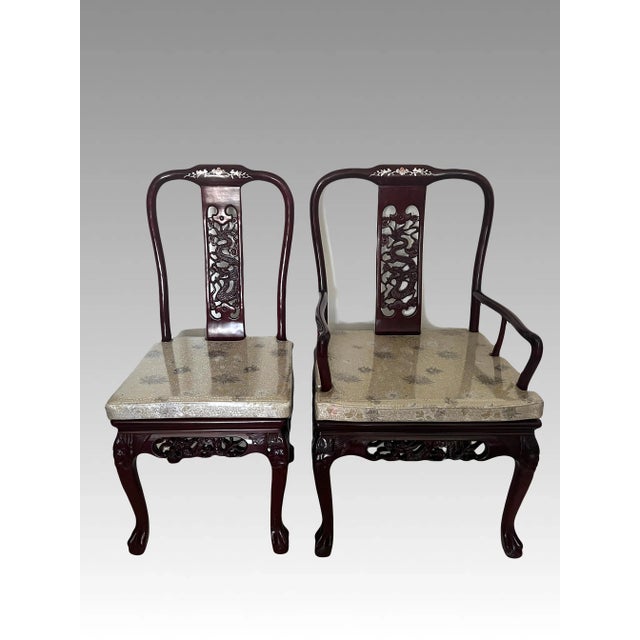 Chinoiserie Vintage Mother of Pearl and Solid Rosewood Inlaid Asian Chinoiserie Dining Set for 8 People, (10 Pieces Table and Chairs) For Sale - Image 3 of 12
