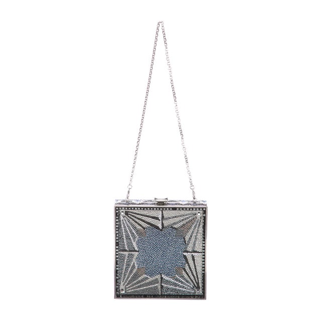 Metal Judith Leiber Crystal Minaudière Cigar Box Clutch Evening Bag Art Deco Silver For Sale - Image 7 of 10