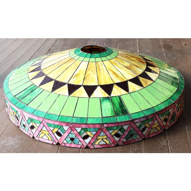 1930s Tiffany / Handel Era Large 33 Inch Diameter Geometric Leaded Stain Glass Shade - Colorful For Sale In New York - Image 6 of 10