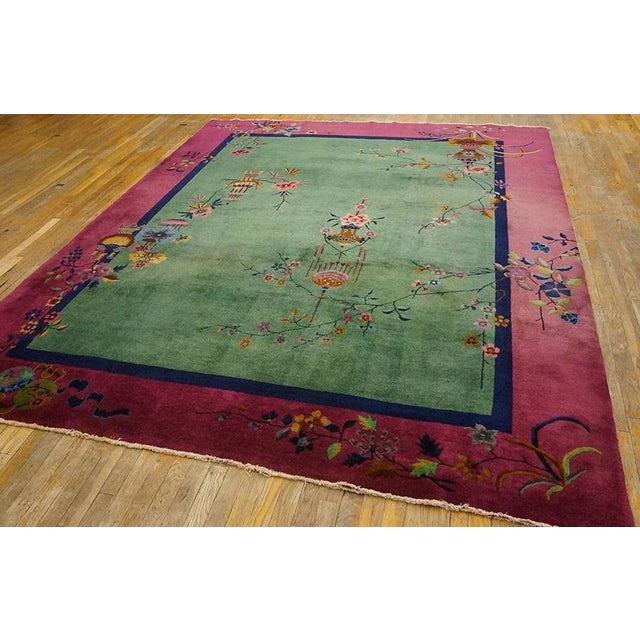 Art Deco 1920s Green Floral Vase Antique Chinese Art Deco Rug 8'0" X 9'4" Handknotted Wool Carpet For Sale - Image 3 of 9