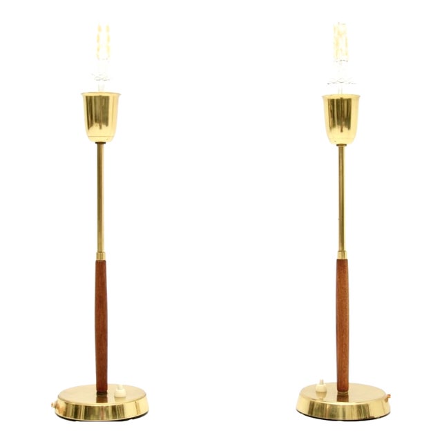 Vintage Swedish Teak and Brass Table Lamps, 1960, Set of 2 For Sale