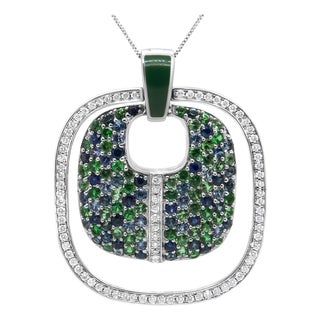 .925 Sterling Silver Green Enamel Pendant with 1/2 Cttw Diamond, Sapphire, and Tsavorite Openwork Statement 18" Pendant Necklace For Sale