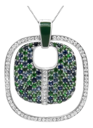 .925 Sterling Silver Green Enamel Pendant with 1/2 Cttw Diamond, Sapphire, and Tsavorite Openwork Statement 18" Pendant Necklace