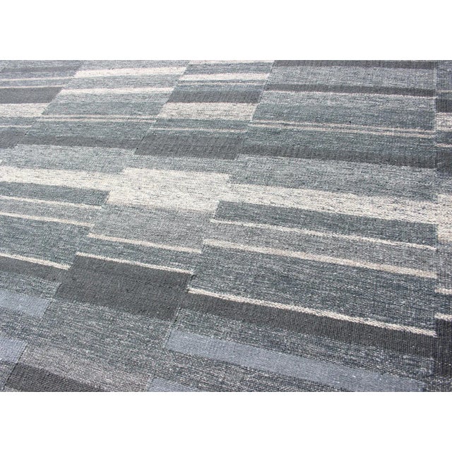 2010s Modern Scandinavian Flat-Weave Rug With Striped Panel Design in Gray, Steel Blue For Sale - Image 5 of 12