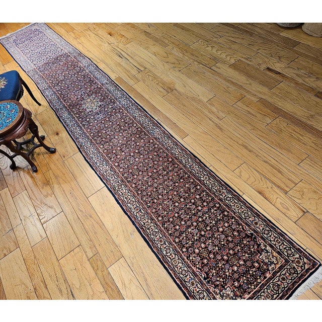Textile Vintage Persian Tabriz Long Runner, Hand-Woven Wool, All Over Herati Pattern, Navy & Ivory, 3x16 For Sale - Image 7 of 16