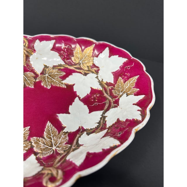 Ceramic Antique Hand-Painted Bavarian Porcelain Cranberry & Gilt Botanical Serving Dish c.1900 For Sale - Image 7 of 8
