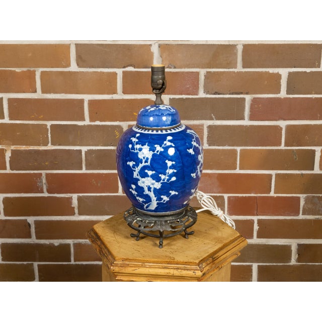 Early 20th Century Vintage Cobalt Blue Prunus Blossom Jar, Circa 1900 Made into US Wired Table Lamp For Sale - Image 5 of 8