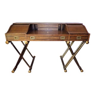 Oxford Square by Drexel Faux Brass Leg Campaign Style Tambour Roll Top Desk For Sale