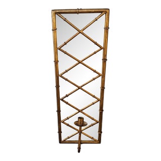 1940's Hollywood Regency Heavy Gilt Iron Faux Bamboo Wall Mirror Candle Accent For Sale