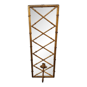 1940's Hollywood Regency Heavy Gilt Iron Faux Bamboo Wall Mirror Candle Accent