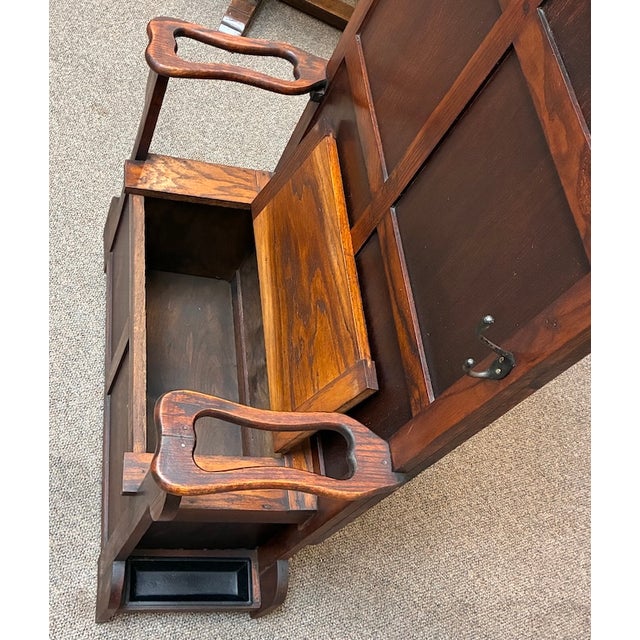 1920s Antique English Oak Hall Tree With Lift Top Seat, Umbrella Drip Trays, Mirror & Coat Hooks c.1920 For Sale - Image 5 of 8