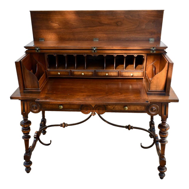 Antique Skandia Unique Carved Inlaid Walnut & Satinwood Tudor Style Spinet Desk For Sale