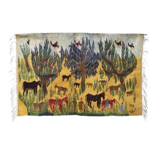 Vintage 1988 Zayed Handwoven Wool Tapestry – Egyptian Folk Art Meadow Scene 4'9" × 3'1" Ft For Sale