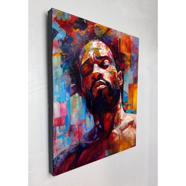 Abstract Soul Searching by Jon Wassom | Mixed Media on Canvas Portrait of a man with vibrant colors. For Sale - Image 3 of 5