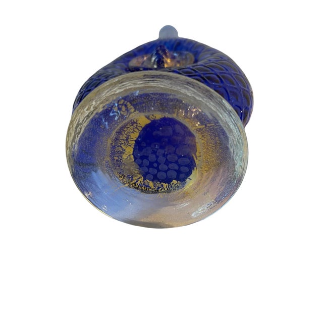 Late 20th Century Vintage Italian Textured Cobalt Blue Gold Lion Dual Medallion Art Glass Vase For Sale - Image 5 of 8