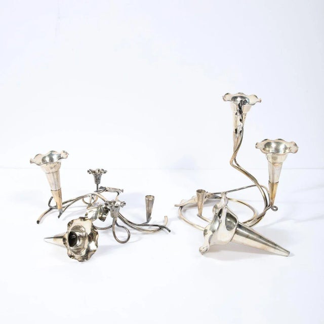 Silver Pair of Art Nouveau Silver-Plate Morning Glory Motif Candle Holders For Sale - Image 8 of 13