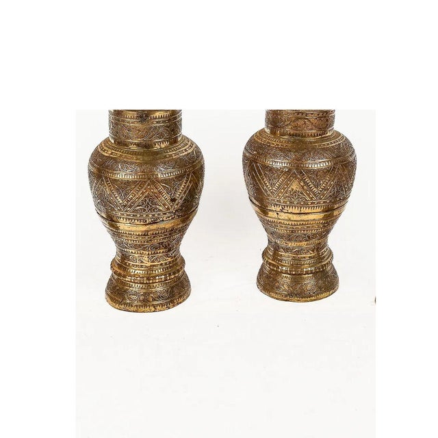 English Early 20th Century Anglo Indian Carved Brass Urn Lamps - Pair For Sale - Image 3 of 3