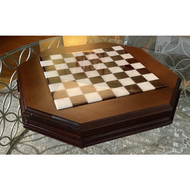 2010s Italfama Italian Alabaster Octagonal Chess Board With Drawer & 4.25" Wellington Special Edition Pieces (Includes Original 2017 Receipts & Coa) For Sale - Image 5 of 17