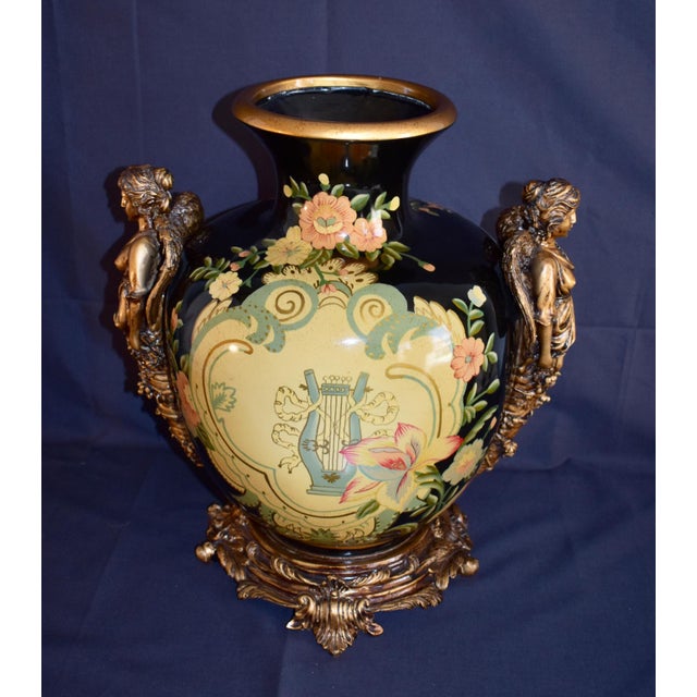 Vintage Neoclassical Ceramic Amphora Vase Lyre Floral Gilt Figural Urn 15” For Sale - Image 4 of 14
