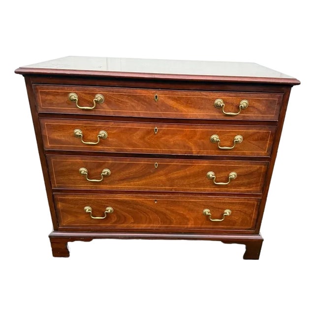 Vintage Georgian Chippendale Style Inlaid Flame Mahogany Chest of Drawers by Md. Colony For Sale