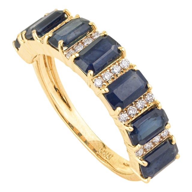 2.7ct Blue Sapphire & Diamond Wedding Band Ring Size 4 in 14k Yellow Gold For Sale