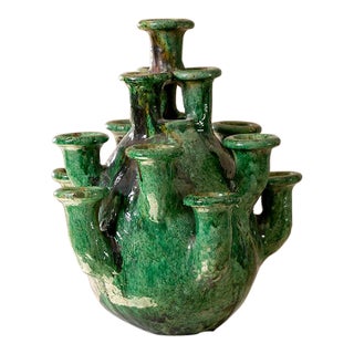 Handcrafted Tamegroute Green Glazed Multi-Spout Ceramic Sculpture For Sale